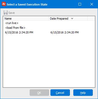 The select a saved state dialog box that is presented when executing a saved report.